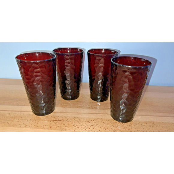 Arcoroc France Glasses Tumblers Ruby Red Vercors Hammered 4 Vtg - Picture 1 of 12